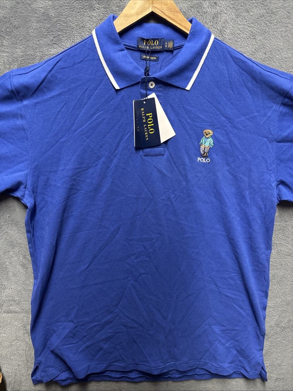 POLO Ralph Lauren Prep Bear Logo Mens Blue Custom Slim Fit Polo Size XL NWT
